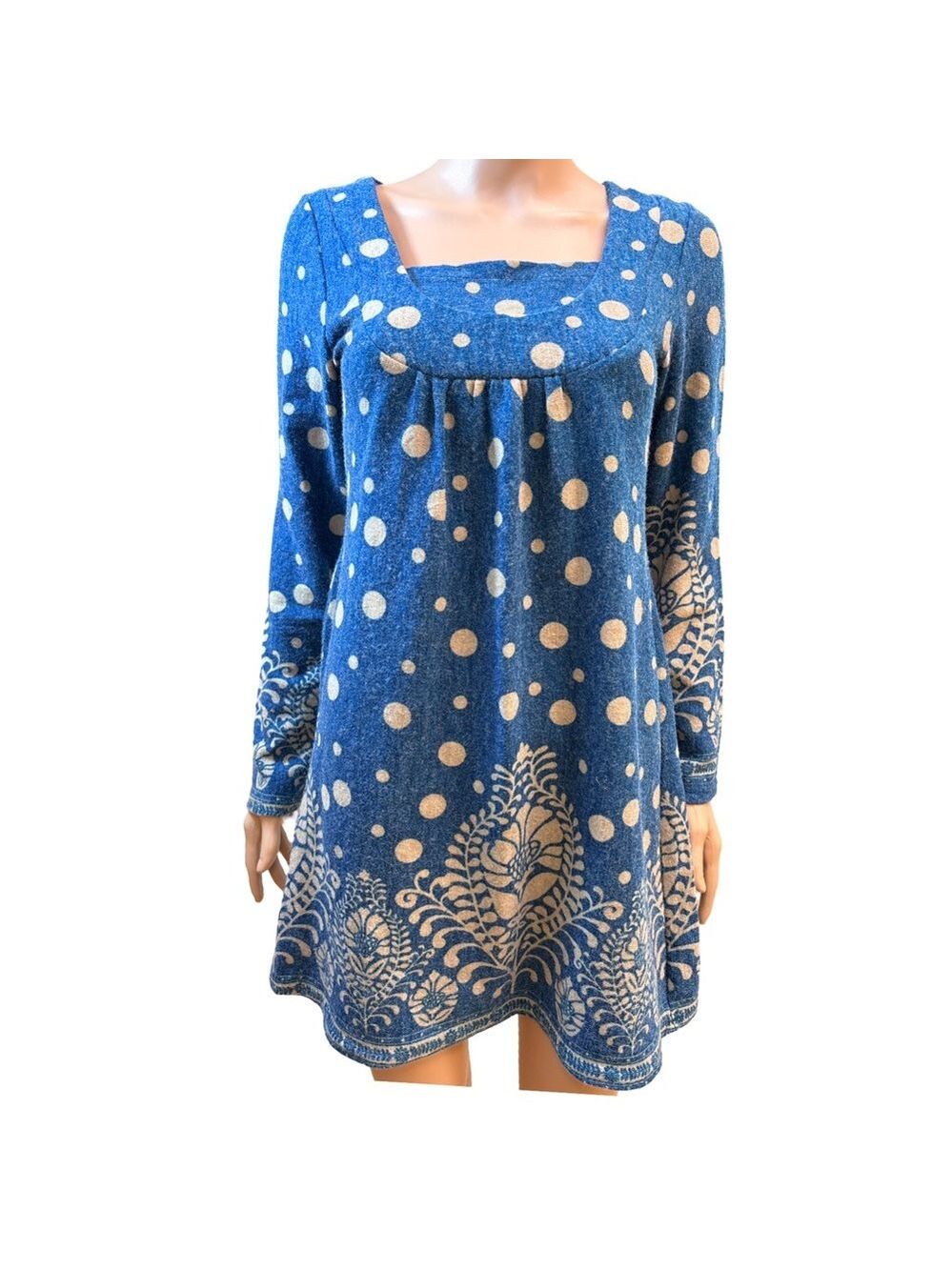 Blue and White Long Sleeve Polka Dot Dress Small